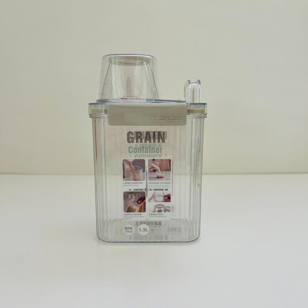 NEOFLAM Clear Plastic Grain Canister Storage Container W Measuring Cup Lid- 1.3L